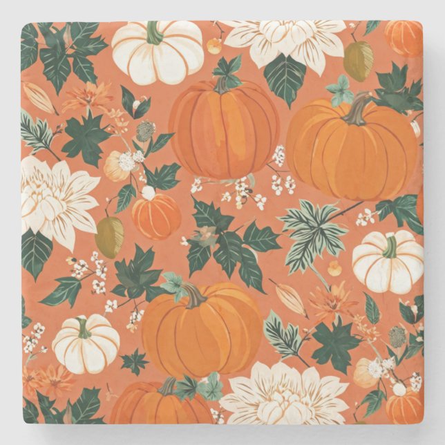 Orange Boho Pumpkin Autumn Floral Pattern Stone Coaster (Front)