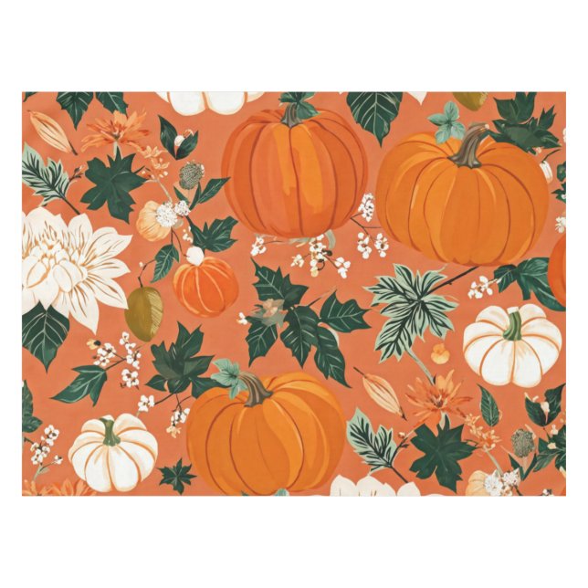 Orange Boho Pumpkin Autumn Floral Pattern Tablecloth (Front (Horizontal))