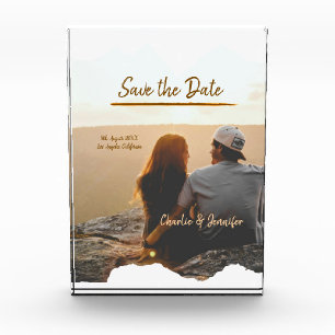 orange boho save the date modern photo couple name block