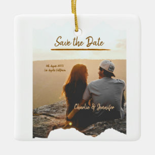 orange boho save the date modern photo couple name ceramic ornament