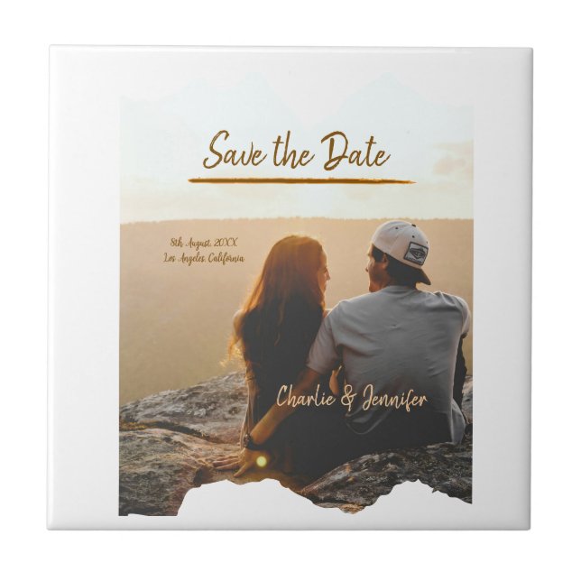 orange boho save the date modern photo couple name ceramic tile (Front)
