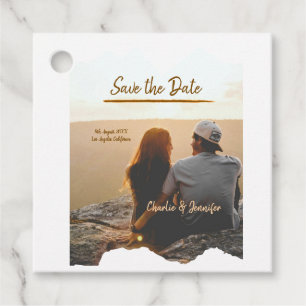 orange boho save the date modern photo couple name favour tags