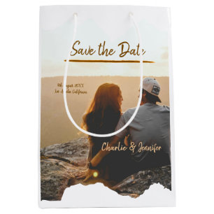 orange boho save the date modern photo couple name medium gift bag