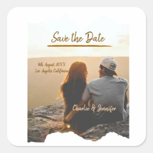 orange boho save the date modern photo couple name square sticker
