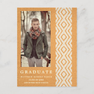 Orange Boho Tribal Texture Photo Graduation Announcement Postcard