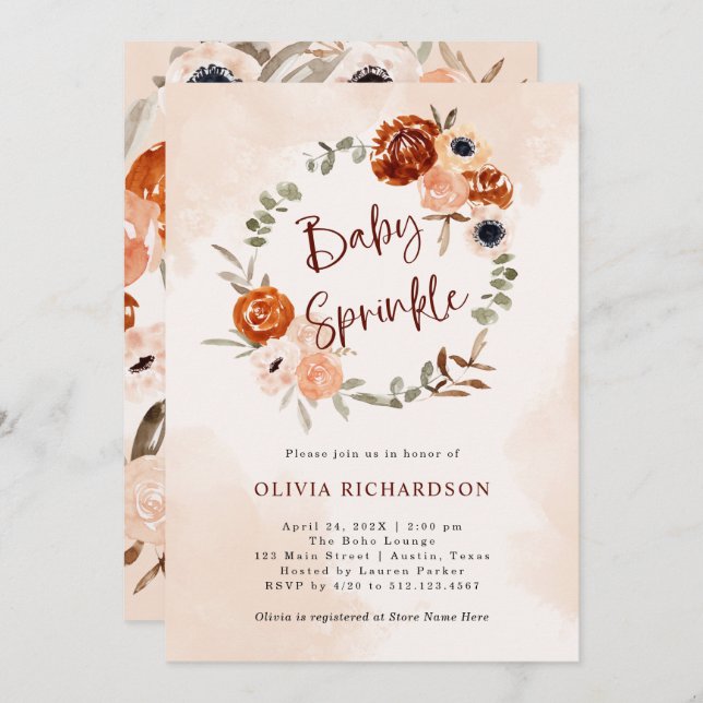 Orange Boho | Watercolor Blush Baby Sprinkle Invitation (Front/Back)
