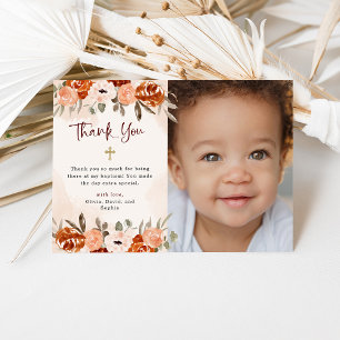 Orange Boho Watercolor Blush Baptism Photo Thank You Card