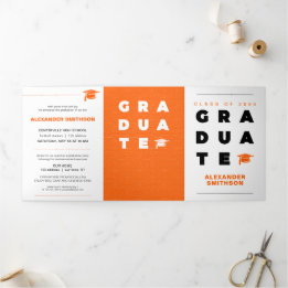 Orange Bold GRADUATE Letters and Cap Graduation Tri-Fold Announcement