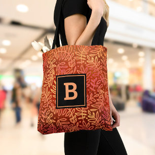 Orange bold monogram leaf pattern modern custom tote bag