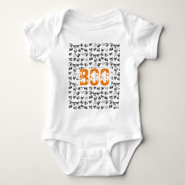 Orange Boo Halloween Spooky Skull Pattern Baby Bodysuit (Front)