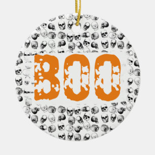 Orange Boo Halloween Spooky Skull Pattern  Ceramic Ornament