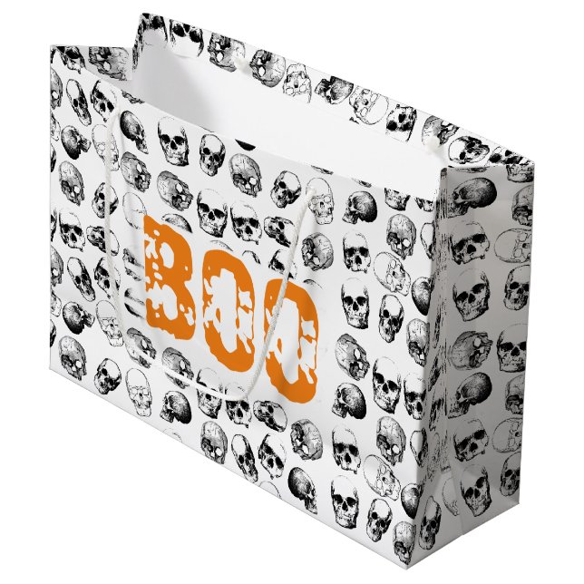 Orange Boo Halloween Spooky Skull Pattern Large Gift Bag (Front Angled)