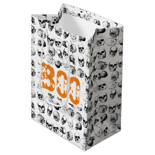 Orange Boo Halloween Spooky Skull Pattern Medium Gift Bag