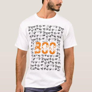 Orange Boo Halloween Spooky Skull Pattern  T-Shirt