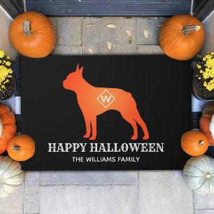Orange Boston Terrier Happy Halloween Family Name Doormat