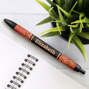 Orange botanical leaf pattern custom name modern black ink pen