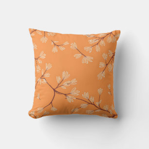 Orange Botanical Pattern White Hand Drawn Branches Cushion