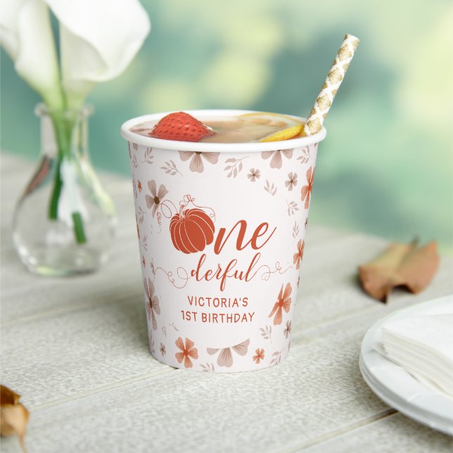 ORANGE BOW & ARCH FALL PUMPKIN FLOWERS BIRTHDAY PAPER CUPS (Insitu)