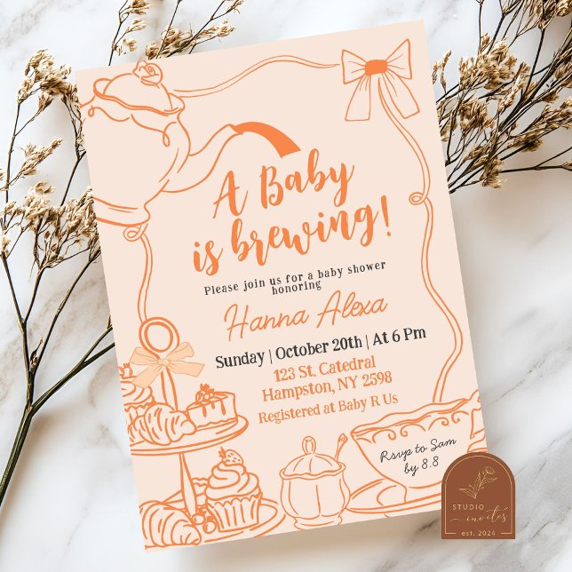 Orange Bow Baby is Brewing Tea Brunch Baby Shower Invitation (Creator Uploaded)