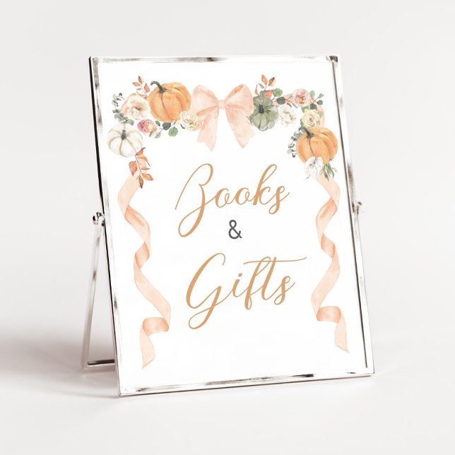 Orange Bow Pumpkin Baby Shower Books and Gift Sign (Orange Pumpkin Baby Shower Books and Gifts Sign)