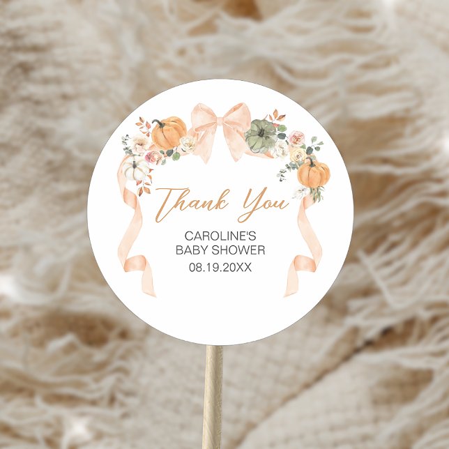 Orange Bow Pumpkin Baby Shower Classic Round Sticker (Orange Bow Pumpkin Baby Shower Sticker)