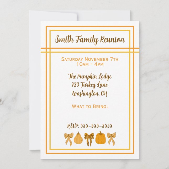 Orange Bow Pumpkin Thanksgiving Invitation (Back)