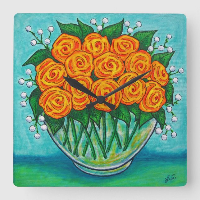 Orange Bowl Square Wall Clock, Lisa Lorenz Clock (Front)