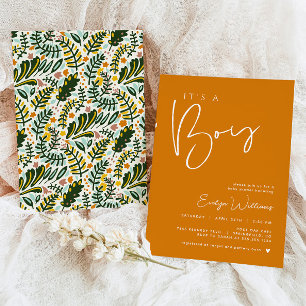 Orange Boy Baby Shower Minimalist Invitation