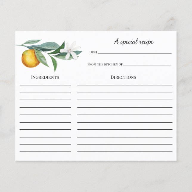 Orange Branch Bridal Shower Recipe card (Front)