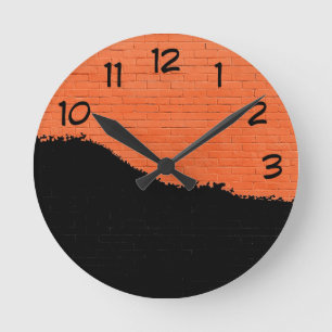 Orange Brick Wall with Black Peeling Paint Round Clock