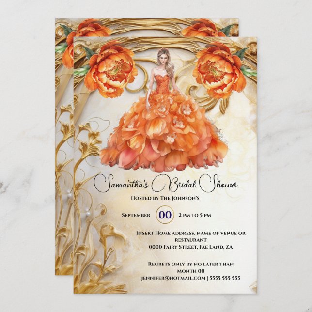 Orange bride to be floral ballgown peony flowers invitation (Front/Back)