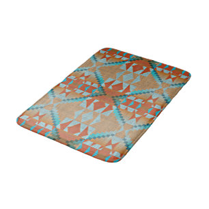 Orange Brown Aqua Turquoise Blue Tribal Art Bath Mat