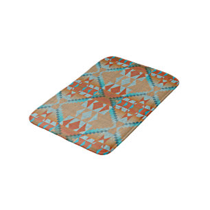 Orange Brown Aqua Turquoise Blue Tribal Art Bath Mat