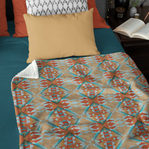 Orange Brown Aqua Turquoise Blue Tribal Art Fleece Blanket
