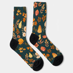 Orange brown autumn pattern on deep fern green socks