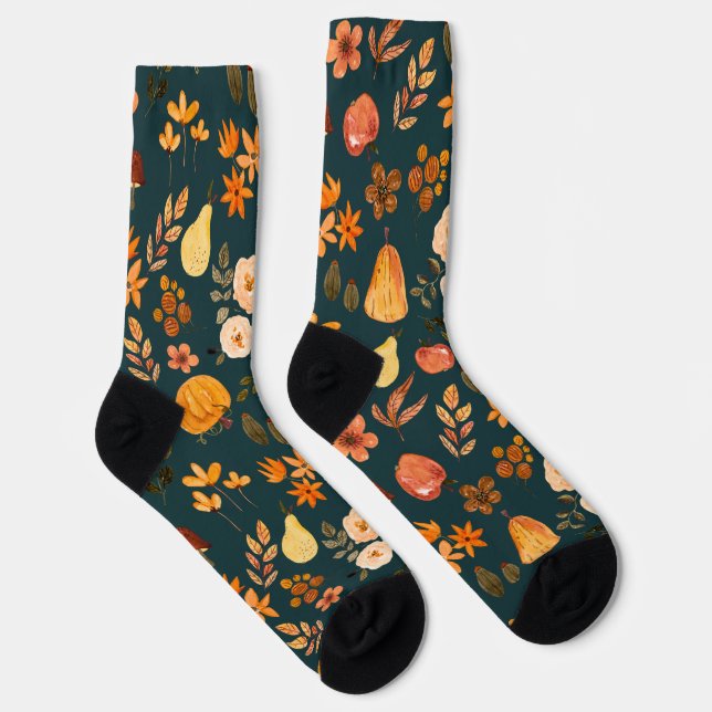 Orange brown autumn pattern on deep fern green socks (Right)