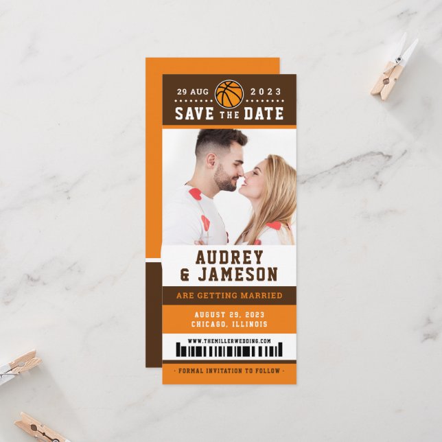 Orange Brown Basketball Save The Date Ticket  Invitation (Front/Back In Situ)