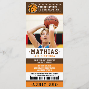 Orange Brown Basketball Ticket Birthday Photo Invitation