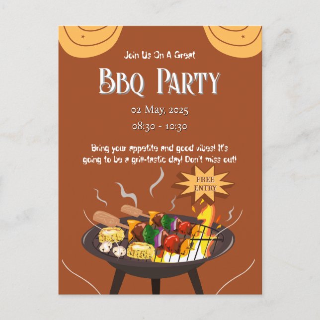Orange Brown BBQ Party Postcard Invite (Front)
