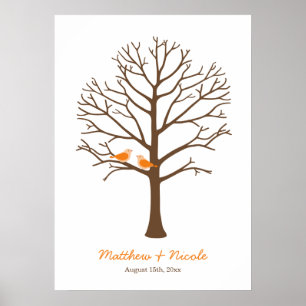 Orange Brown Birds Fingerprint Tree Wedding Poster