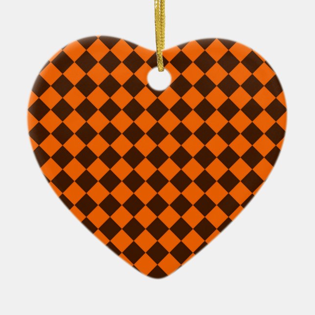 Orange Brown Diamond Chequered Pattern Ceramic Ornament (Front)