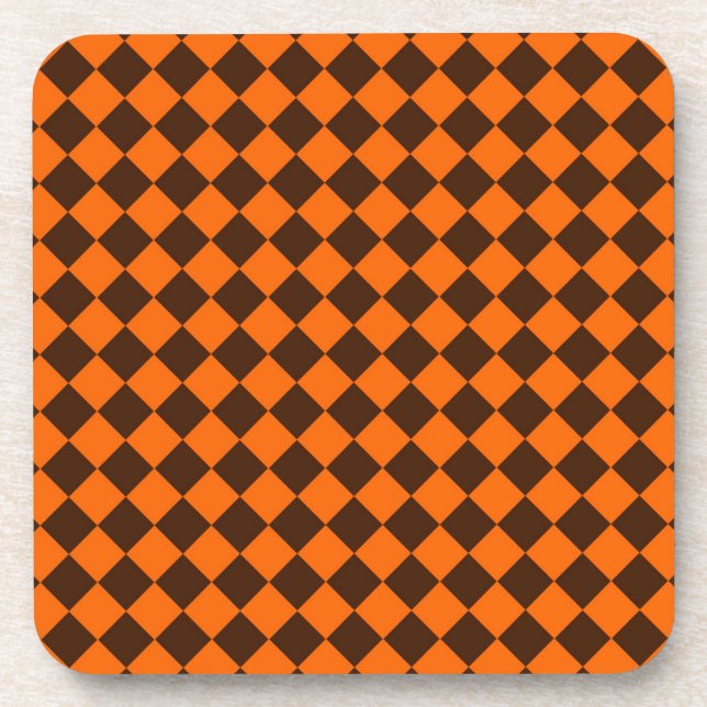 Orange Brown Diamond Chequered Pattern Coaster (Front)