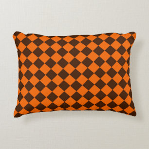Orange Brown Diamond Chequered Pattern Decorative Cushion