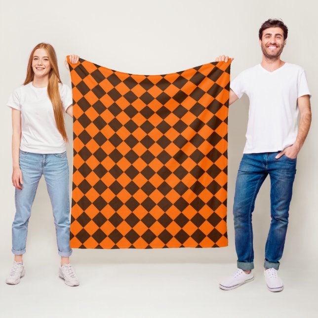 Orange Brown Diamond Chequered Pattern Fleece Blanket (In Situ)
