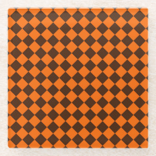 Orange Brown Diamond Chequered Pattern Glass Coaster