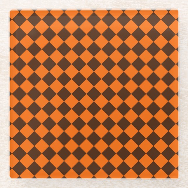 Orange Brown Diamond Chequered Pattern Glass Coaster (Front)