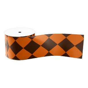 Orange Brown Diamond Chequered Pattern Grosgrain Ribbon