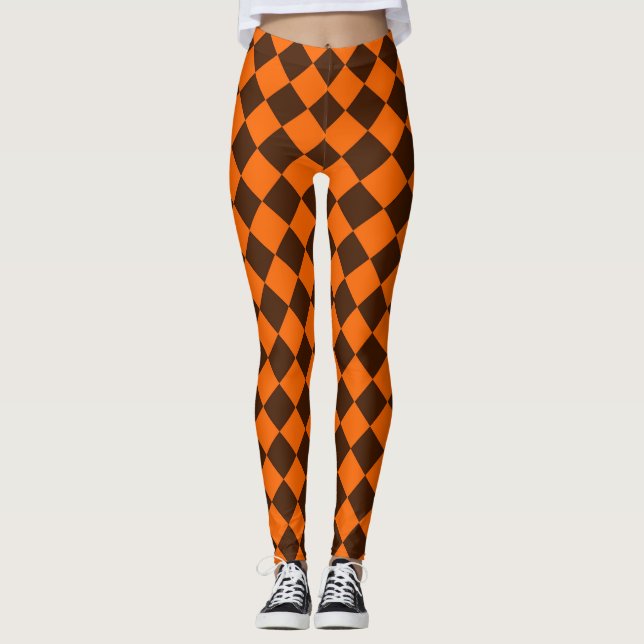 Orange Brown Diamond Chequered Pattern Leggings (Front)