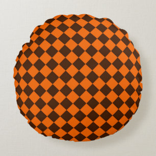 Orange Brown Diamond Chequered Pattern Round Cushion