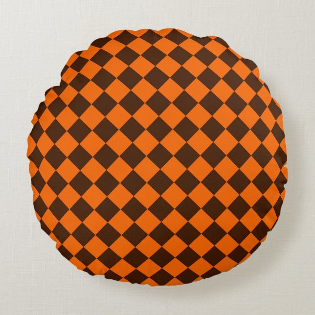 Orange Brown Diamond Chequered Pattern Round Cushion (Front)